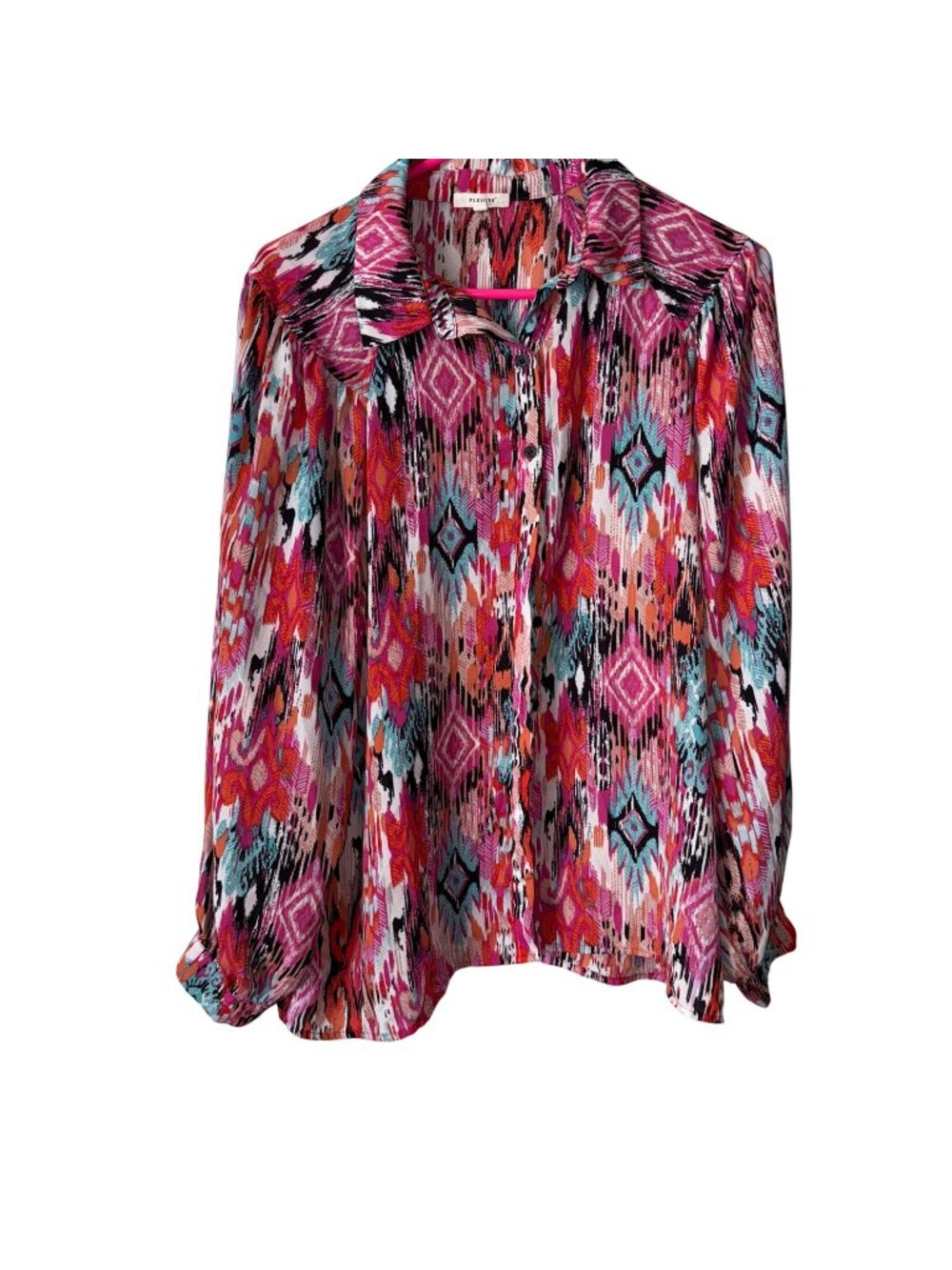 Pleione Womens Long Sleeve Collared Blouse Size L Multicolor Geometric Print